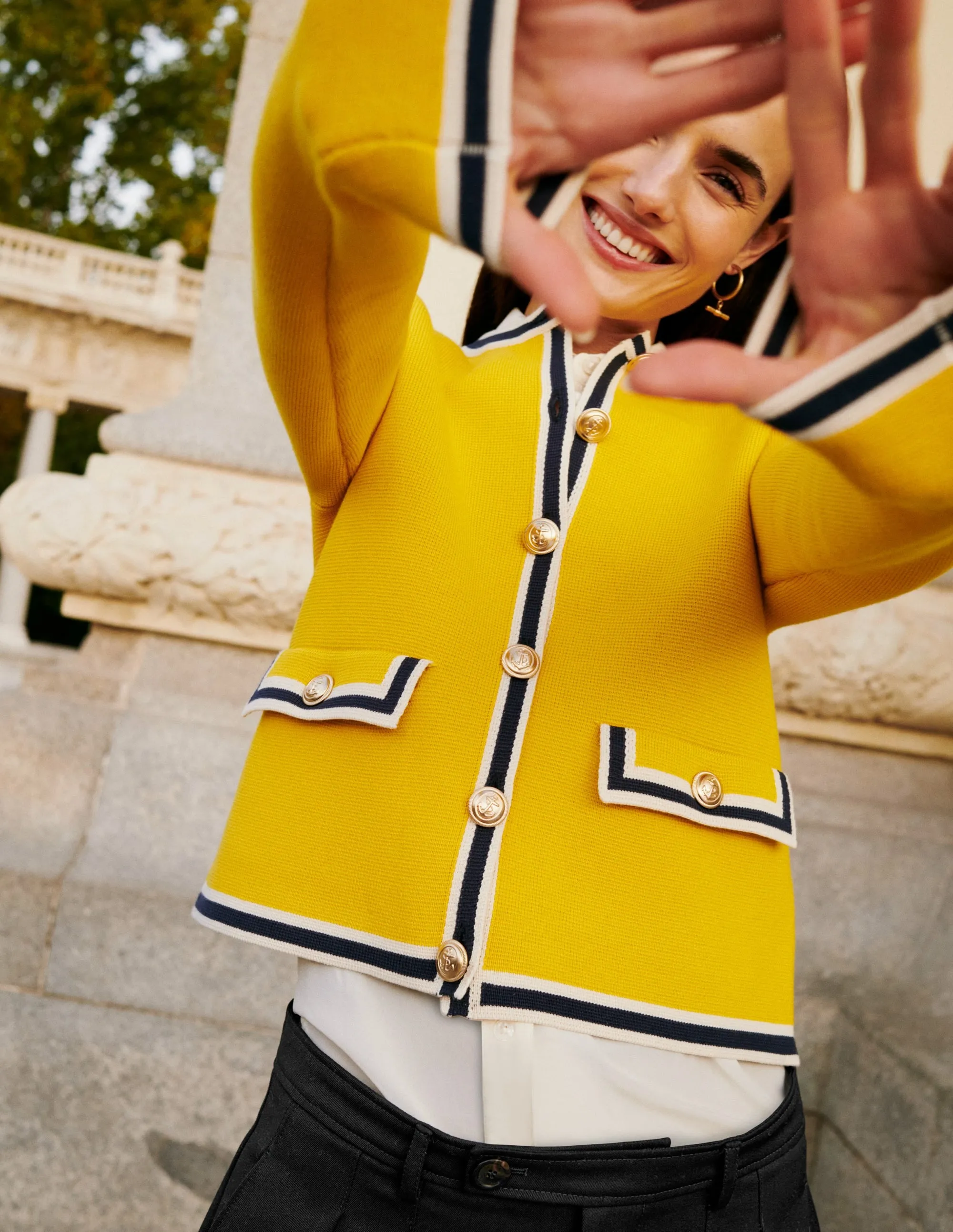 Holly Knitted Jacket-Mimosa Yellow, Navy Tipping