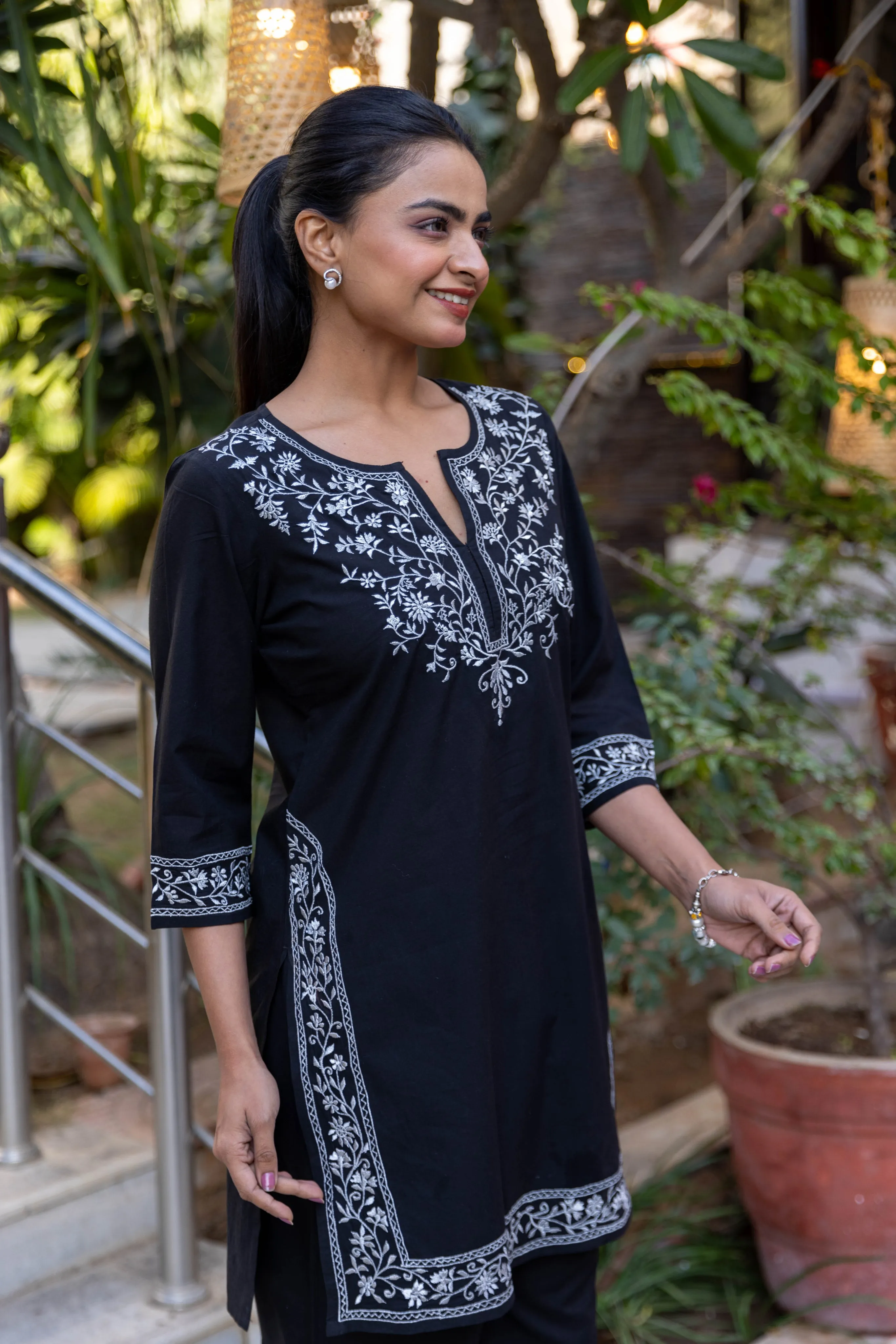 Long Embroidered Kurta With Palazzo - Black